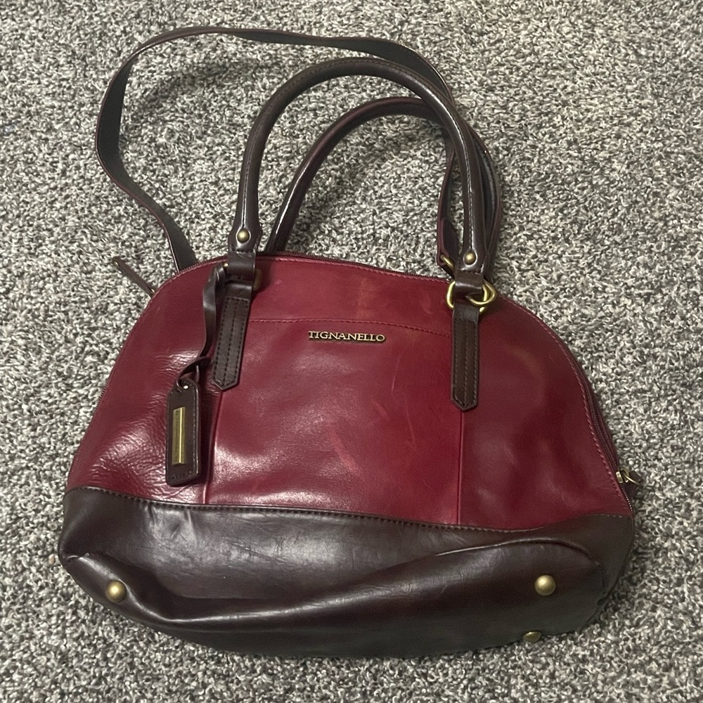 Tignanello red and brown Leather zip zip satchel shoulder crossbody purse bag